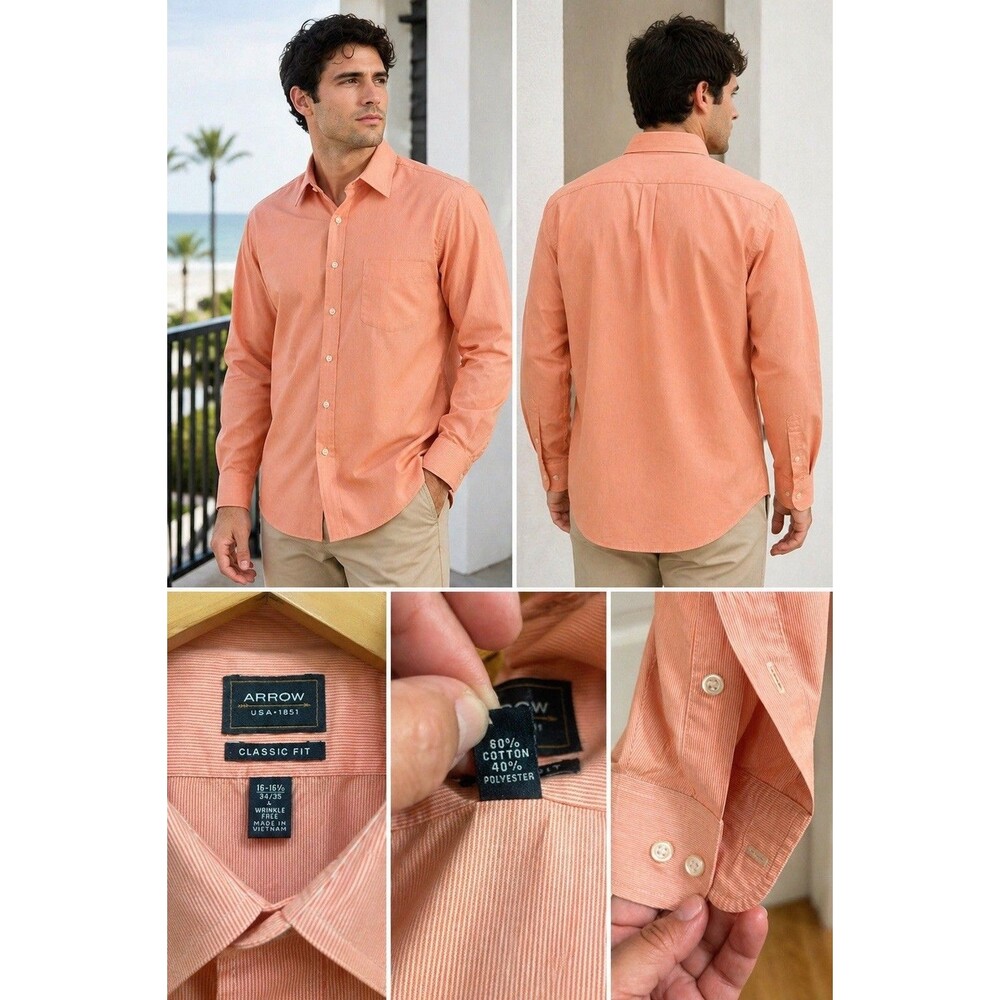 Arrow Men’s Dress Shirt Large Peach Orange Button Down